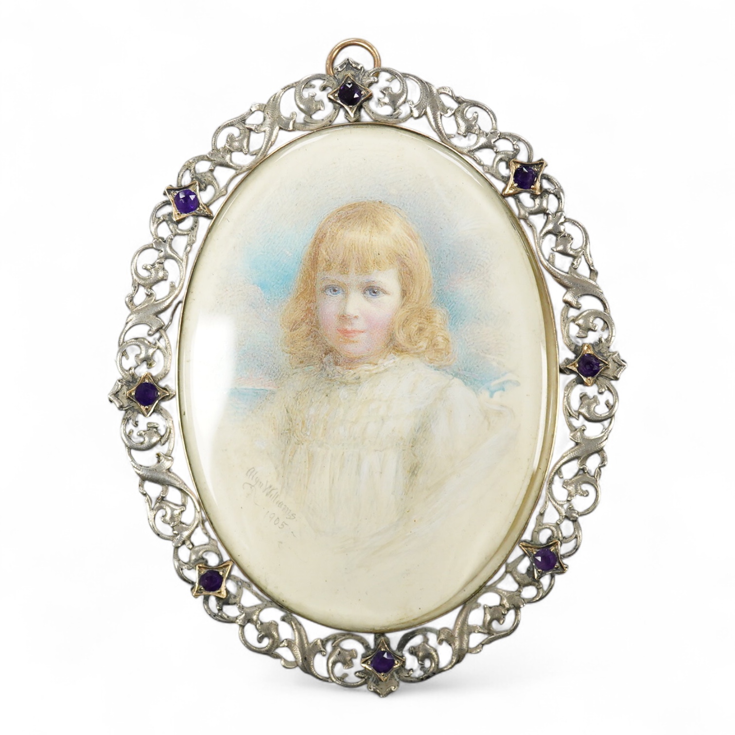 Alyn Williams (1866-1941), Portrait miniature of a young girl, signed and dated 1905, watercolour on ivory, guilloche enamel panel verso, housed in a white metal and amethyst set oval frame, overall 10cm high - CITES Sub